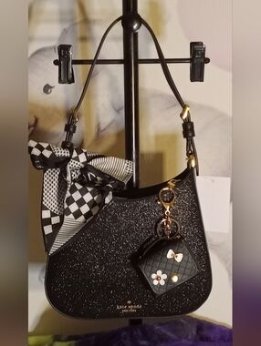 Kate Spade Black Glimmer Glitter Shoulder Bag W/Scarf & Purse Bag Charm NWT